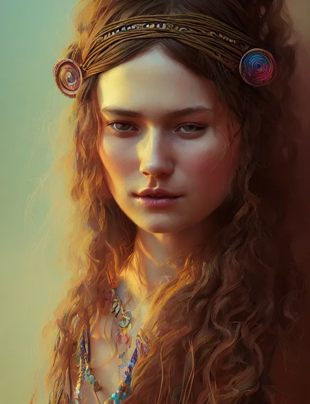 Prompt: portrait of a young woman wearing boho clothing, hippie girl, long hair, groovy hairband, bangs, intricate, smooth, groovy lighting, highly detailed, digital painting, artstation, concept art, smooth, sharp focus, illustration, art by wlop, mars ravelo and greg rutkowski