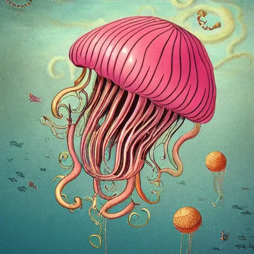 Prompt: hyperdetailed modern childrenbook illustration of a maximalist voluptuous elegant huge baroque pinkish jellyfish, swimming in the ocean. with interesting steampunk details. seen from the distance. hd matte halo. natural tones