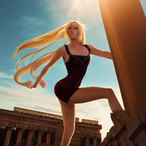 Image similar to blonde - haired princess, anime princess, wearing skinsuit, action pose, parkour, plaza, greco - roman pillars, golden hour, partly cloudy sky, sepia sun, strong lighting, strong shadows, vivid hues, ultra - realistic, sharp details, subsurface scattering, intricate details, hd anime, 2 0 1 9 anime