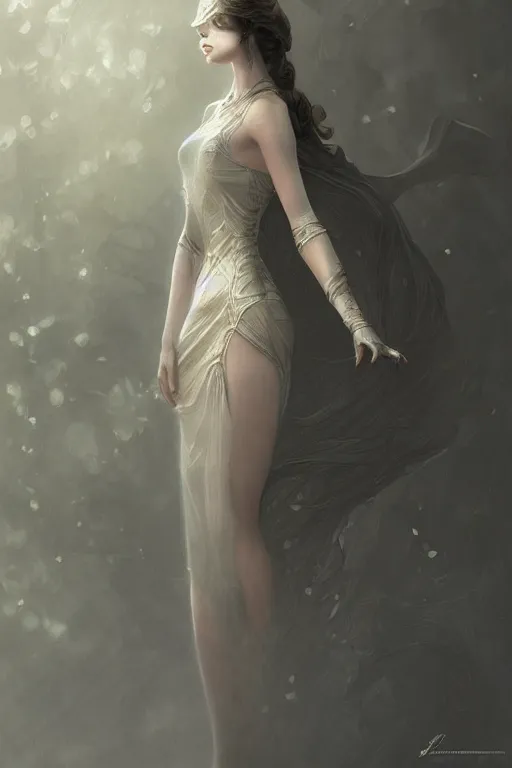 Image similar to woman with pale skin and faceted metal dress, fog, volumetric lighting, intricate, elegant, highly detailed, digital painting, artstation, concept art, smooth, sharp focus, art nouveau, steampunk, art by raymond swanland and alphonse mucha