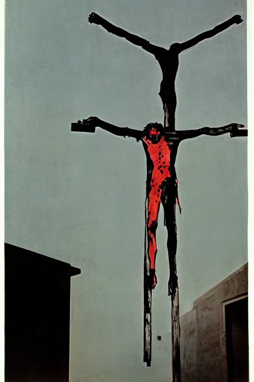 Prompt: bloody christ crucified and huge ufo of light in the sky painted by cy twombly and andy warhol