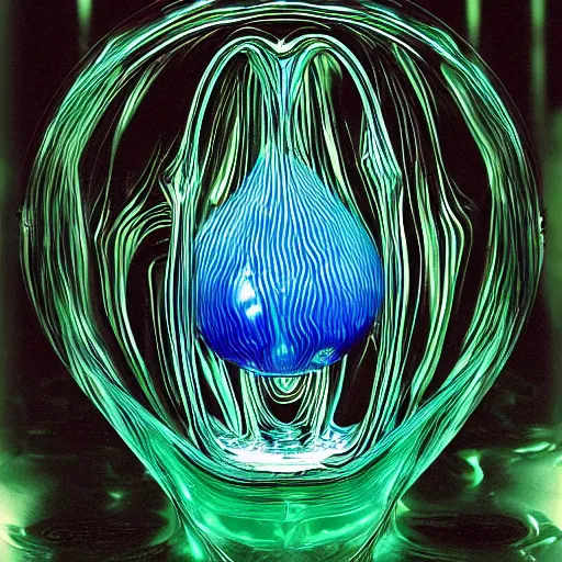 Prompt: portrait of a plasma energy tron murano faberge candy glass egg designed by david chihuly and hr giger. made up of glowing swirling electric pixels. tron world background. photo still by annie liebowitz