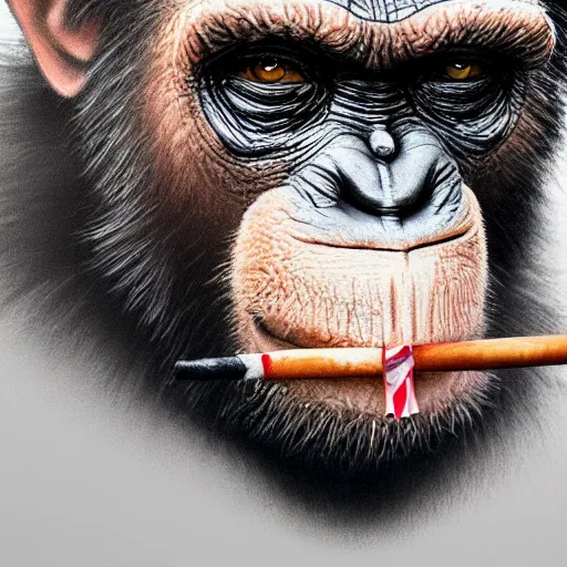 Image similar to a high detail photo of donald trump smoking a cigarrette, subject= chimp, subject detail: extremly detailed, subject action: smoking a cigar, photorealism, dramatic lighting, award winning photograph, trending on artstation