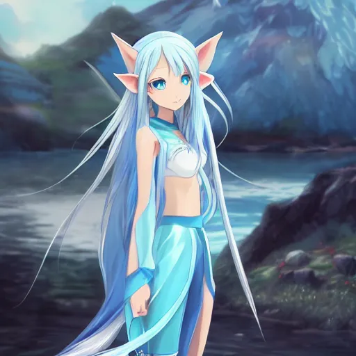 Image similar to a very beautiful anime elf girl, full body, long straight silver hair, sky blue eyes pointy ears, full round face, short smile, casual clothes, ice snowy lake setting, cinematic lightning, medium shot, mid-shot, highly detailed, trending on Artstation, Unreal Engine 4k, cinematic wallpaper by Stanley Artgerm Lau, WLOP, Rossdraws, James Jean, Andrei Riabovitchev, Marc Simonetti, and Sakimichan