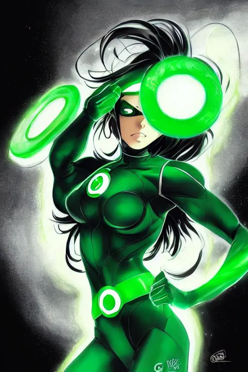 Image similar to anime key visual of a beautiful young female green lantern!! intricate, green and black suit, glowing, powers, dc comics, cinematic, stunning, highly detailed, digital painting, artstation, smooth, hard focus, illustration, art by artgerm and greg rutkowski and alphonse mucha