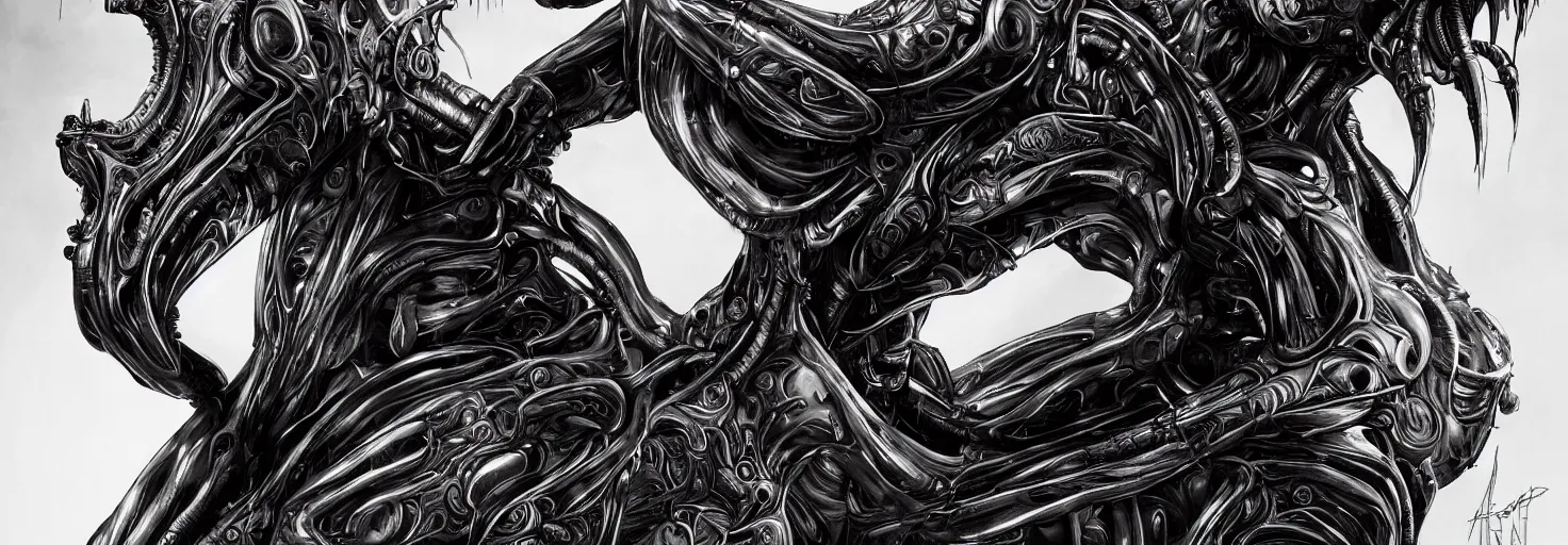 Image similar to engineer alien bood face by Artgerm, xenomorph alien, highly detailed, symmetrical long head, blood color, smooth marble surfaces, detailed ink illustration, raiden metal gear, cinematic smooth stone, deep aesthetic, concept art, post process, 4k, carved marble texture and silk cloth, latex skin, highly ornate intricate details, prometheus, evil, moody lighting, hr geiger, hayao miyazaki, indsutrial Steampunk