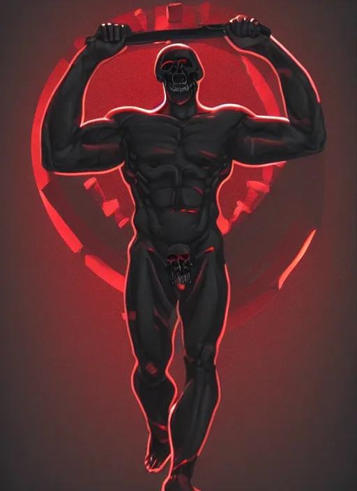 Prompt: black background, statue of hercules, skulls, thin red lines, dark, thin lines, red grid, trending on artstation