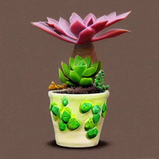 Image similar to Photorealistic art of a ceramic bulbasaur plant pot with a succulent growing in it, high defintion, intricately detailed