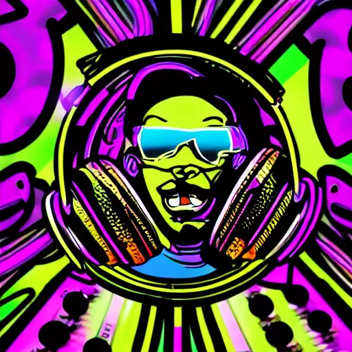 Image similar to svg sticker of a Dancing-Alex-Grey-Psychedelic-Rave-Man, at a rave, spinning records, giant headphones rocking out, wearing headphones, huge speakers, dancing, rave, DJ, spinning records, digital art, amazing composition, rule-of-thirds, award-winning, trending on artstation, featured on deviantart