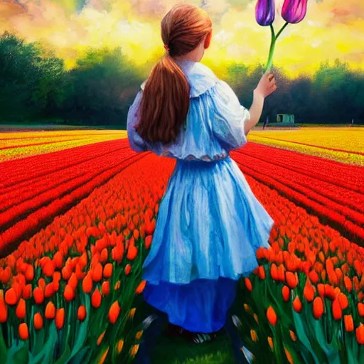 Image similar to dutch girl with singular giant tulip as a face, surreal photography, flower field, sunset dramatic light, impressionist painting, colorful clouds, blue sky, digital painting, artstation, simon stalenhag