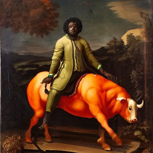 Image similar to photograph of a black man with afro hair wearing an army green adidas jacket, riding!! an orange colored detailed anatomically correct bull!!, renaissance style painting