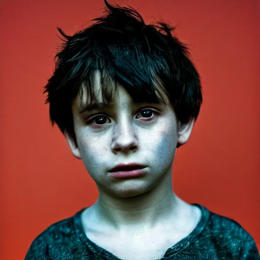 Image similar to A 4x5 portrait of a boy, who is dishevelled and beaten down, a million-mile stare, bokeh, depth of field, pastel colours overlap, grainy, rule of thirds