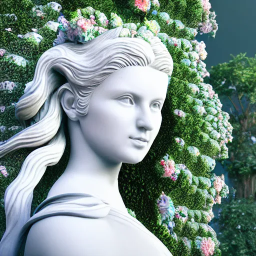 Image similar to an idealistic marble statue with fractal flowery hair in a fractal garden, unreal engine, 8k render, beautiful, full frame,