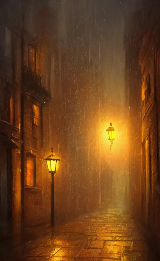 Image similar to a blurry ambient lantern in the distance of a rainy victorian village at night, dynamic lighting, ambient lighting, atmospherical, photorealistic fantasy concept art, trending on art station, stunning visuals, creative, cinematic, ultra detailed
