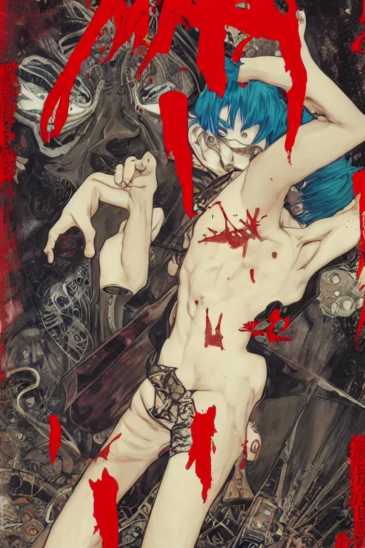 Image similar to professionally drawn shonen mature horror mystery action manga comic cover, beautifully drawn museum portrait coherent professional, drawn by ilya kuvshinov, gustav klimt, peter mohrbacher, alphonse mucha and tsutomu nihei. text kanji hiragana on the cover. simplistic minimalist stylized cover art. red & black & blue full color.