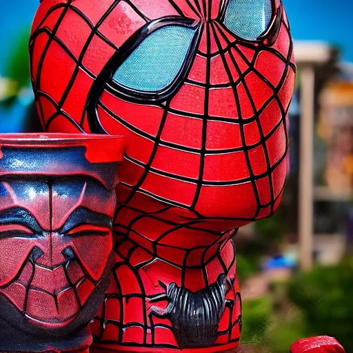 Prompt: a closeup photorealistic capture of glossy spider man style tiki mug at an outdoor trader vic's bar featuring the face of spider man. tiki theme. bright scene. fine detail. this 4 k hd image is trending on artstation, featured on behance, well - rendered, extra crisp, features intricate detail, epic composition and the style of unreal engine.