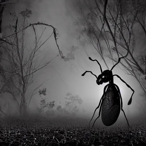 Prompt: ant in creepy scary nightmare atmosphere, realsitic
