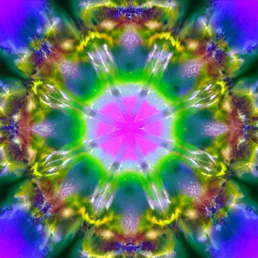 Prompt: “the aurora borealis in winter as viewed through a kaleidoscope.”