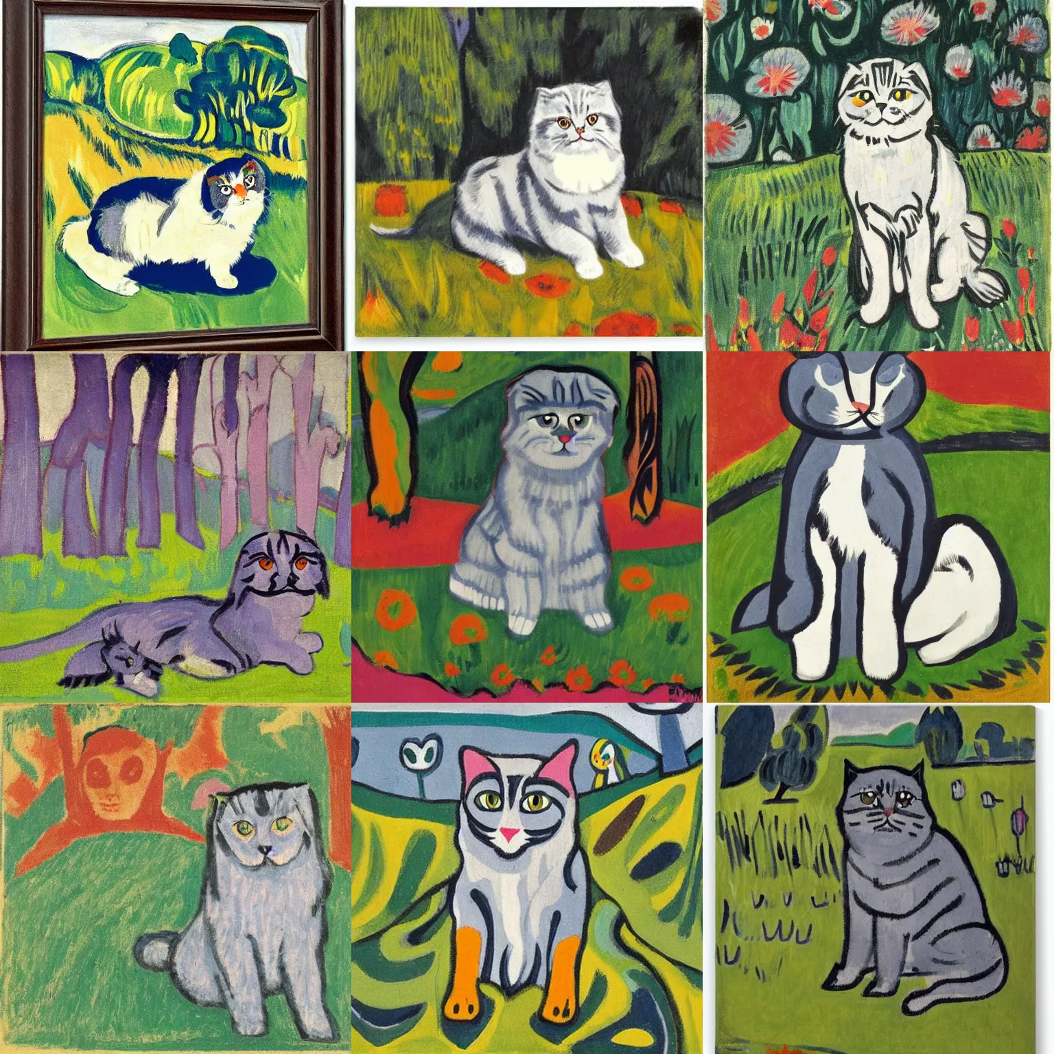 Image similar to a gray scottish fold sitting in the middle of sunny meadow, by ernst ludwig kirchner