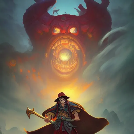 Prompt: Luffy in World of Warcraft, cover art, ultra wide lens shot, pretty, beautiful, DnD character art portrait, matte fantasy painting, DeviantArt Artstation, by Jason Felix by Steve Argyle by Tyler Jacobson by Peter Mohrbacher, cinematic lighting