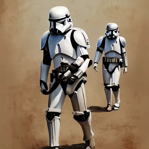 Prompt: an imperial stormtrooper walking, full body photography, concept art by Doug Chiang cinematic, realistic painting, high definition, concept art, the Mandalorian concept art style