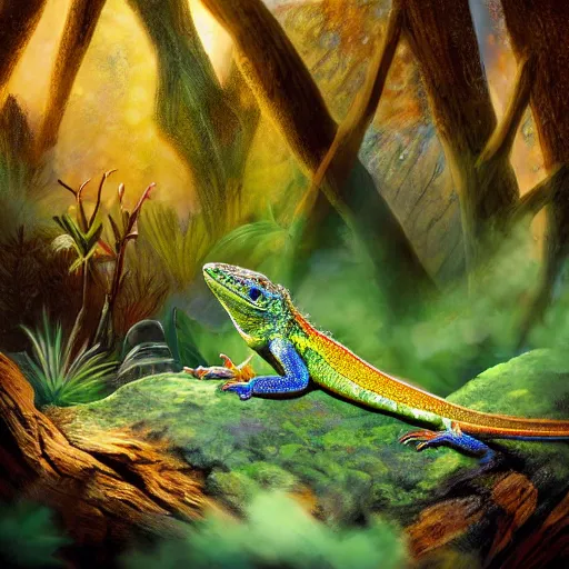 Image similar to highly detailed photograph of a lizard sitting in a steaming colorful hotspring with woodland forest backdrop, featured on artstation