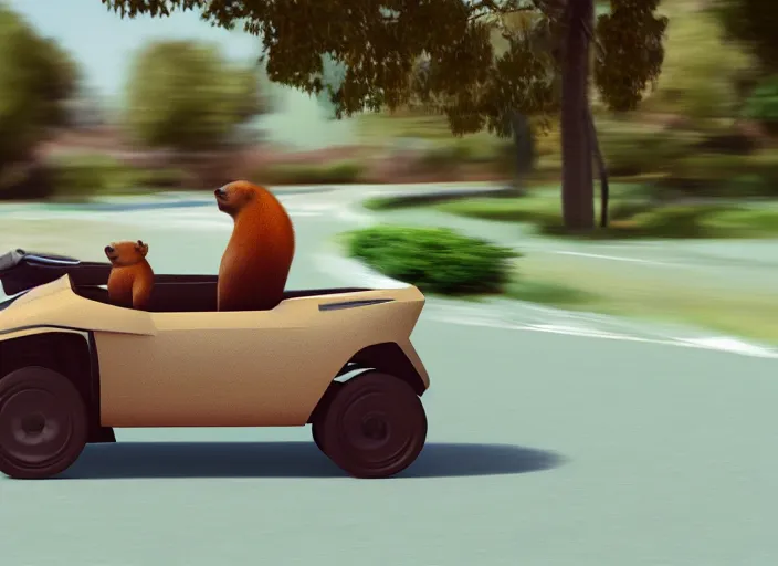 Prompt: capybara speeding in a convertible, trending on artstation, digital art, octane render