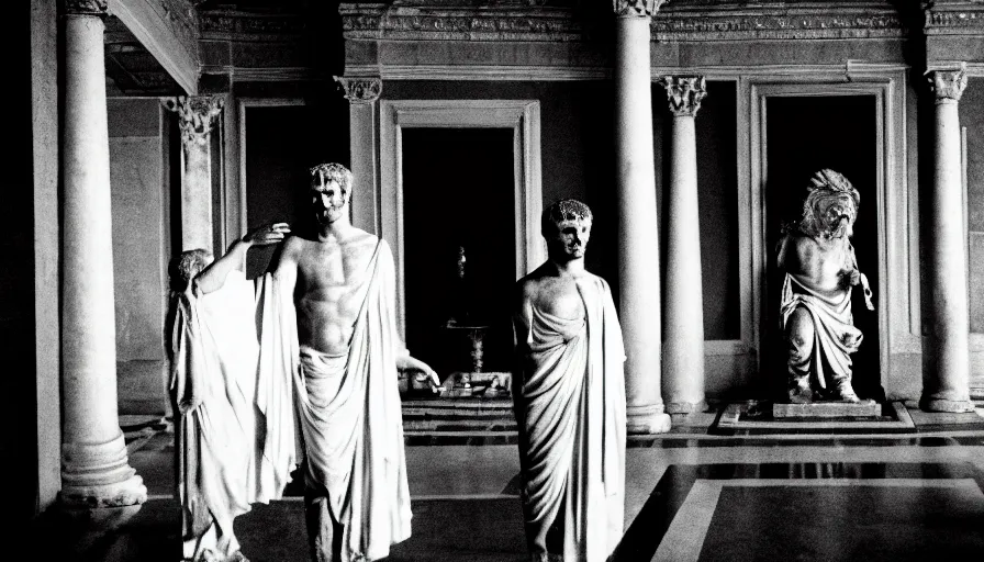 Prompt: movie still by of emperor caligula murdered by a man in toga blood in a neoclassical room, cinestill 8 0 0 t 3 5 mm b & w, high quality, heavy grain, high detail, dramatic light, ultra wide lens, anamorphic