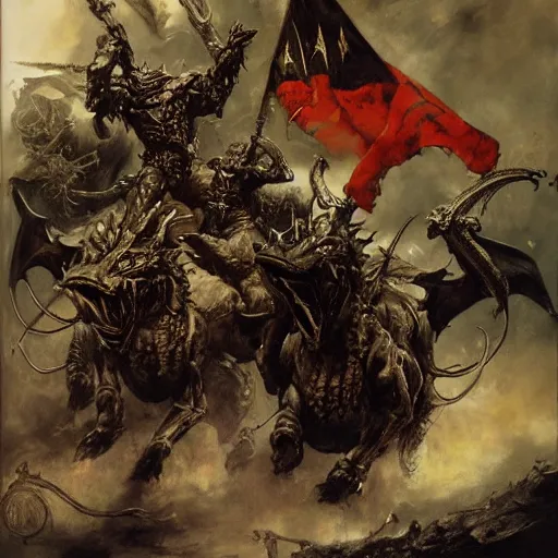 Prompt: an army of draconians riding beasts with flag bearers and trumpeters, intricate detail, royo, vallejo, frazetta, giger, whealan,