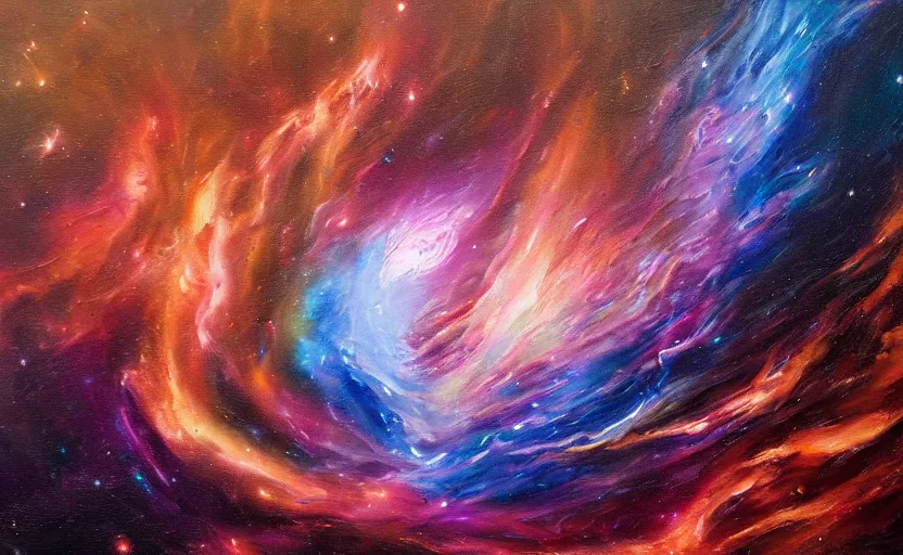 Image similar to an abstract oil painting of an unbelievably beautiful space nebula; hyper-detailed; an extraordinary masterpiece!!!; flawless; trending on artstation