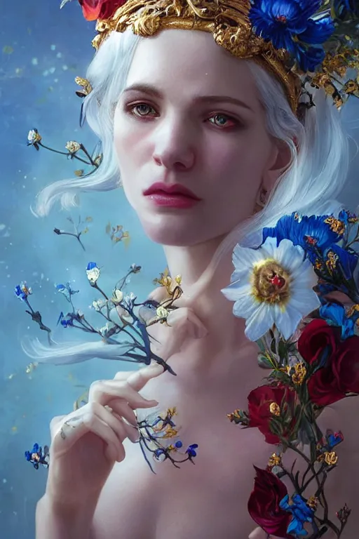 Image similar to a pale girl with white hair and sad blue piercing eyes, black orchid floral crown, distant expression , cinematic lighting, ultra detailed, sharp focus, golden background with white flowers, golden jewellery with blue and red sapphires, super realistic, 8k, art by artgerm and greg rutkowski and zdislav beksinski