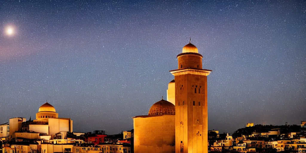 Image similar to stary night, mosque, tower, house, city