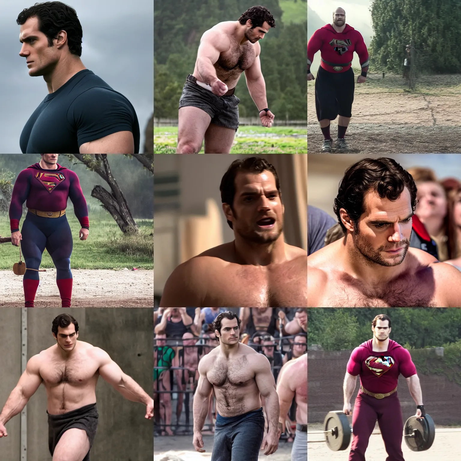 Prompt: henry cavill as a big burly padded strongman, 4 k hd