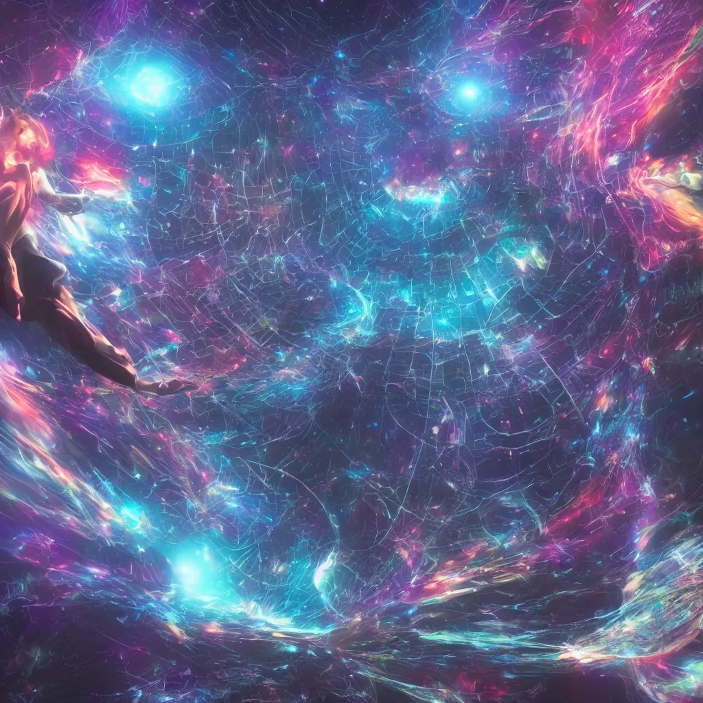 Image similar to letting go of reality and experiencing the quantum field and the cosmic void and the opalescent web of interconnectedness between all things. matte painting comic book art, cinematic, highly detailed, realistic, beautiful cosmic neural network, octane render, unreal engine, depth of field, trending on artstation, sharp focus, philosophical splashes of colors