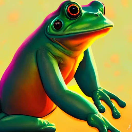 Image similar to portrait of a Dumpy Frog, farm field background, rich vivid colors, ambient lighting, dynamic lighting, 4k, HQ, official media, anime key visual, makoto shinkai, ilya kuvshinov, lois van baarle, rossdraws, detailed, trending on artstation