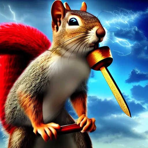 Image similar to the squirrel thor ~ holding his hammer ~ dramatic thunder background ~ fighting scene ~