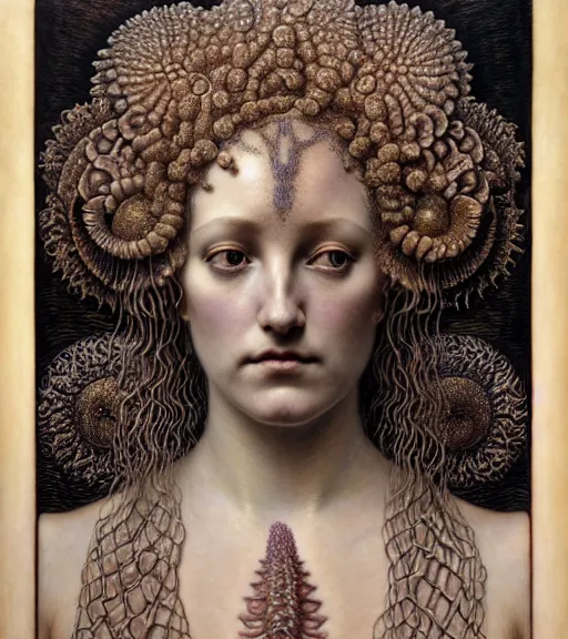 Image similar to detailed realistic beautiful salome face portrait by jean delville, gustave dore, iris van herpen and marco mazzoni, art forms of nature by ernst haeckel, art nouveau, symbolist, visionary, gothic, neo - gothic, pre - raphaelite, fractal lace, intricate alien botanicals, ai biodiversity, surreality, hyperdetailed ultrasharp octane render