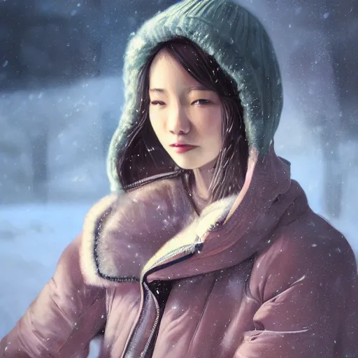 Image similar to the portrait a beautiful grocery young asia woman in down jacket, with a goosethe background is dust earth road ， river winter an snow, illustration by wenjun lin, irakli nadar, bright colors, octopath traveler, wenjun lin, unreal engine 5 highly rendered, global illumination, radiant light, detailed and intricate environment