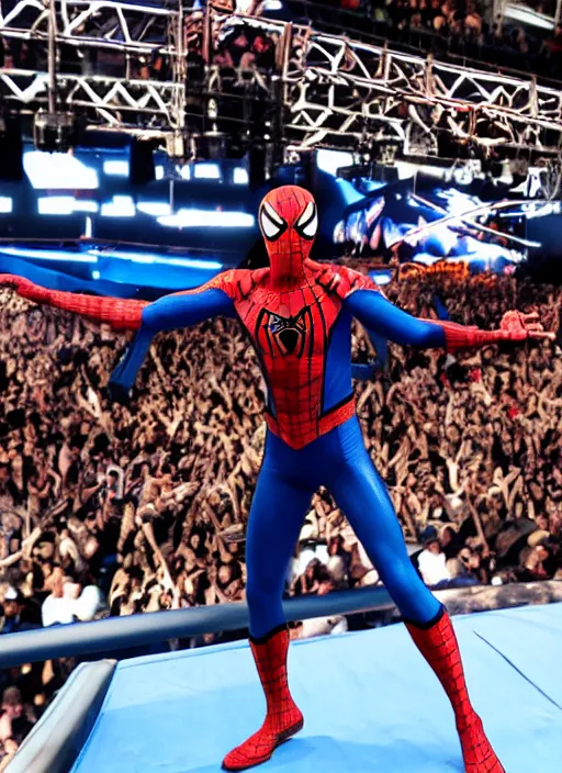 Prompt: spiderman entering entrances ramp of smackdown!