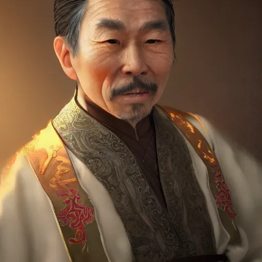 Image similar to portrait painting of a 6 0 year old kind handsome taoist priest, like zun long, silver ponytail hair, amiable by wenjun lin, irakli nadar, bright colors, octopath traveler, wenjun lin, unreal engine 5 highly rendered, global illumination, radiant light, detailed and intricate environment