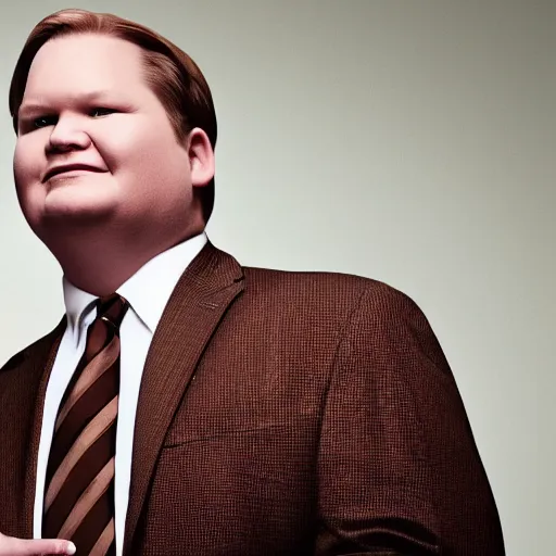 Image similar to Andy Richter is wearing a chocolate brown suit and necktie and is in a bedroom with a window letting in bright morning sunlight. Andy is sitting upright in a bed and is stretching his arm. His mouth his wide open as he yawns.