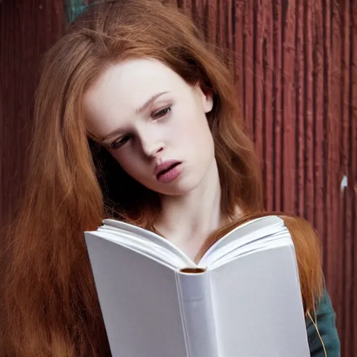 Prompt: hyper realistic, full perfect face, realistic, highly detailed background, can see a waist - length body, sitting and holding a book in his hand, photography beautiful girl, face tamzin merchant, red hair, style of hypermannerism, ubaldo bartolini