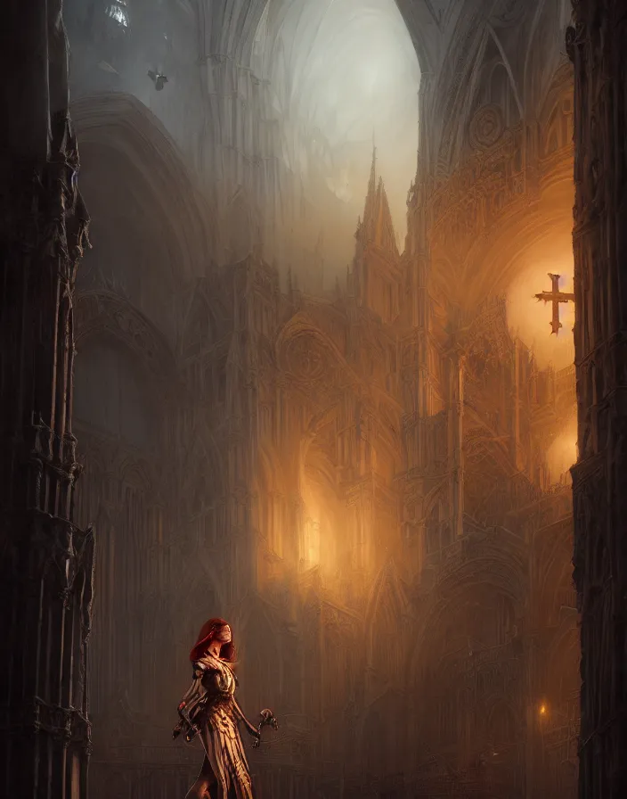 Image similar to A beautiful digital painting of a Grim Reapper, ancient catedral behind her, intricate, cinematic lighting, highly detailed, digital painting, Artstation, concept art, smooth, sharp focus, illustration, art by Tom Bagshaw, Artgerm and Greg Rutkowski