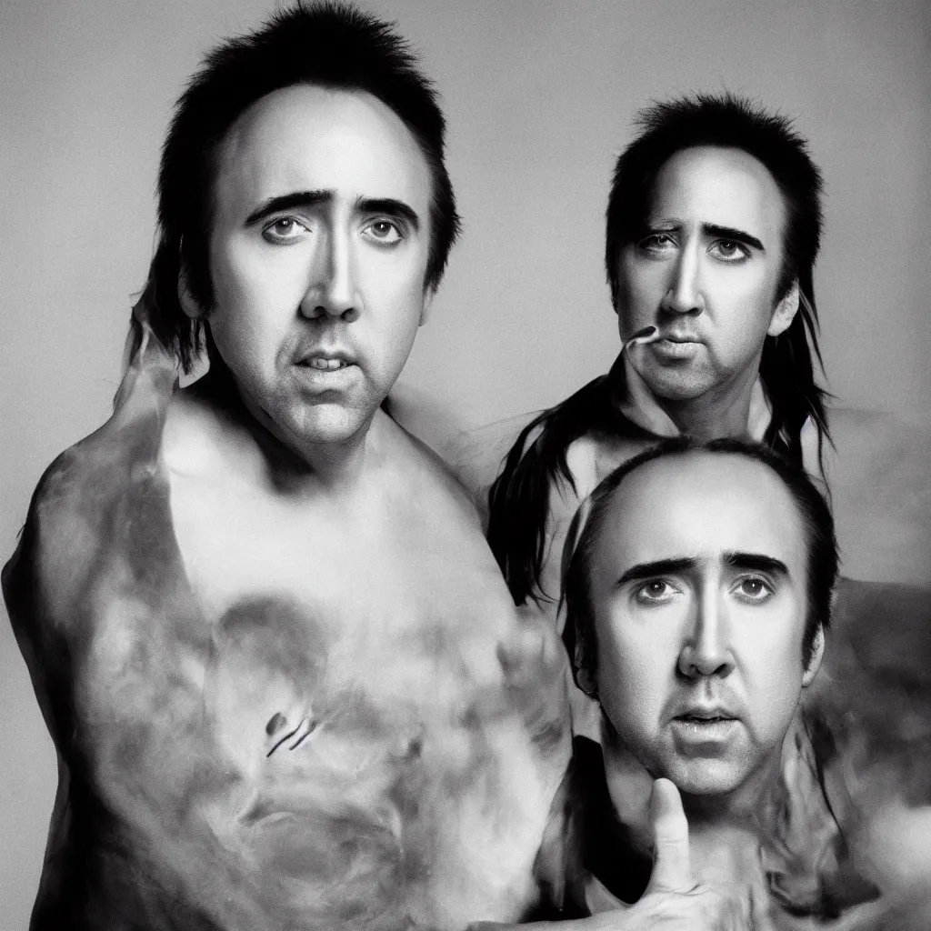 Image similar to nicolas cage headshot 1 9 9 9 photograph straight on color no eyebrows