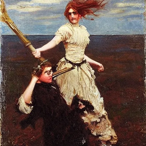 Image similar to young victorian woman fighting a monster, by alfred stevens
