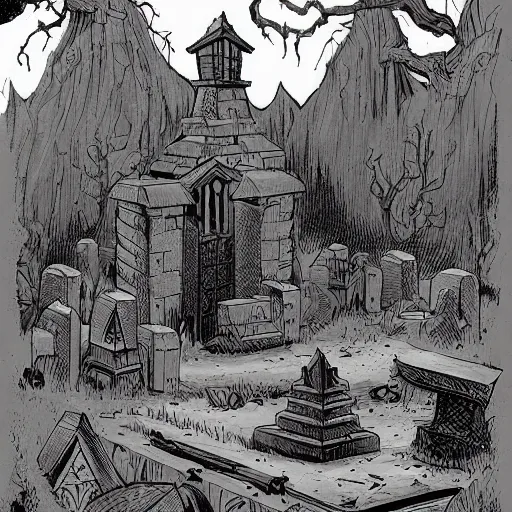 Prompt: A grave yard, with wooden graves. Faded Edges, Dark Fantasy, Film Noir, Black and White. High Contrast, Mike Mignola, D&D, OSR