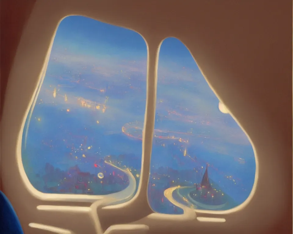 Image similar to an achingly beautiful print of inside a private jet looking out the window at Disneyland and surrounding area by Raphael, Hopper, and Rene Magritte. detailed, romantic, enchanting, trending on artstation.