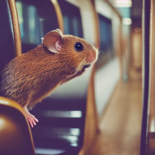 Image similar to photo of a train interior, a brown hamster is sitting on a seat in a train, various poses, unedited, soft light, sharp focus, 8 k