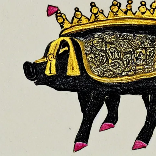 Image similar to a pig wearing a gold crown in the style of R. K. Laxman