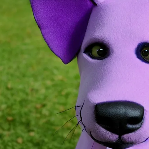 Prompt: Photograph of a fursuit head of a purple dog with antennas